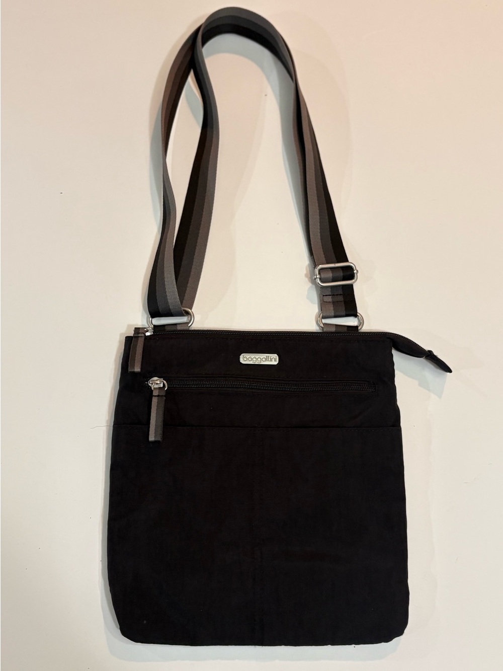 Baggallini Black Crossbody with Striped Gray Adjustable Strap